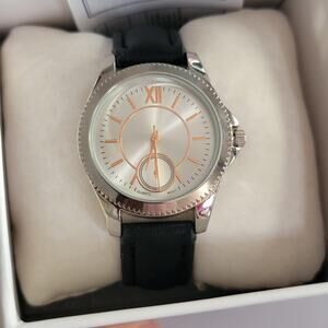 Mixit Womens Watch Silver Dial Black Faux Leather Strap Silver Case Quartz